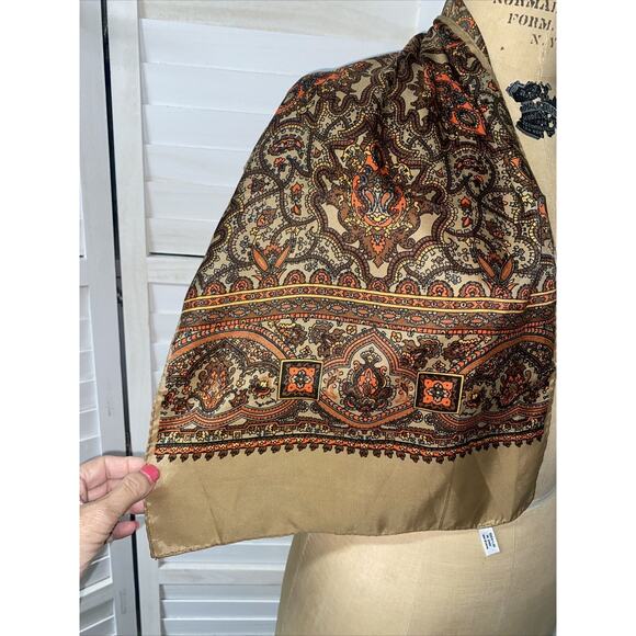 VTG 70s Brown Orange Geometric Rectangle Nylon Scarf Made In Japan 43”x13” - Picture 5 of 9